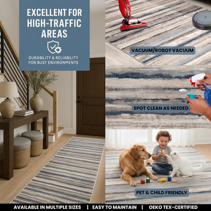 5' X 8' Blue And Beige Distressed Stripes Area Rug