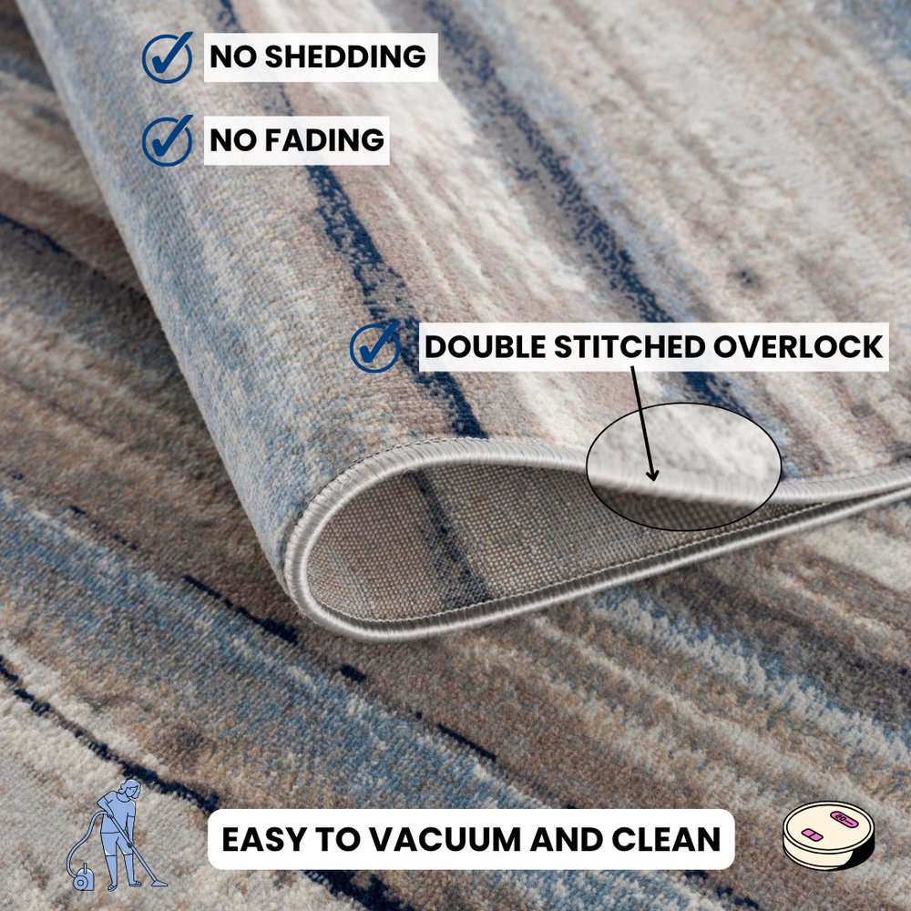 8' X 11' Blue And Beige Distressed Stripes Area Rug