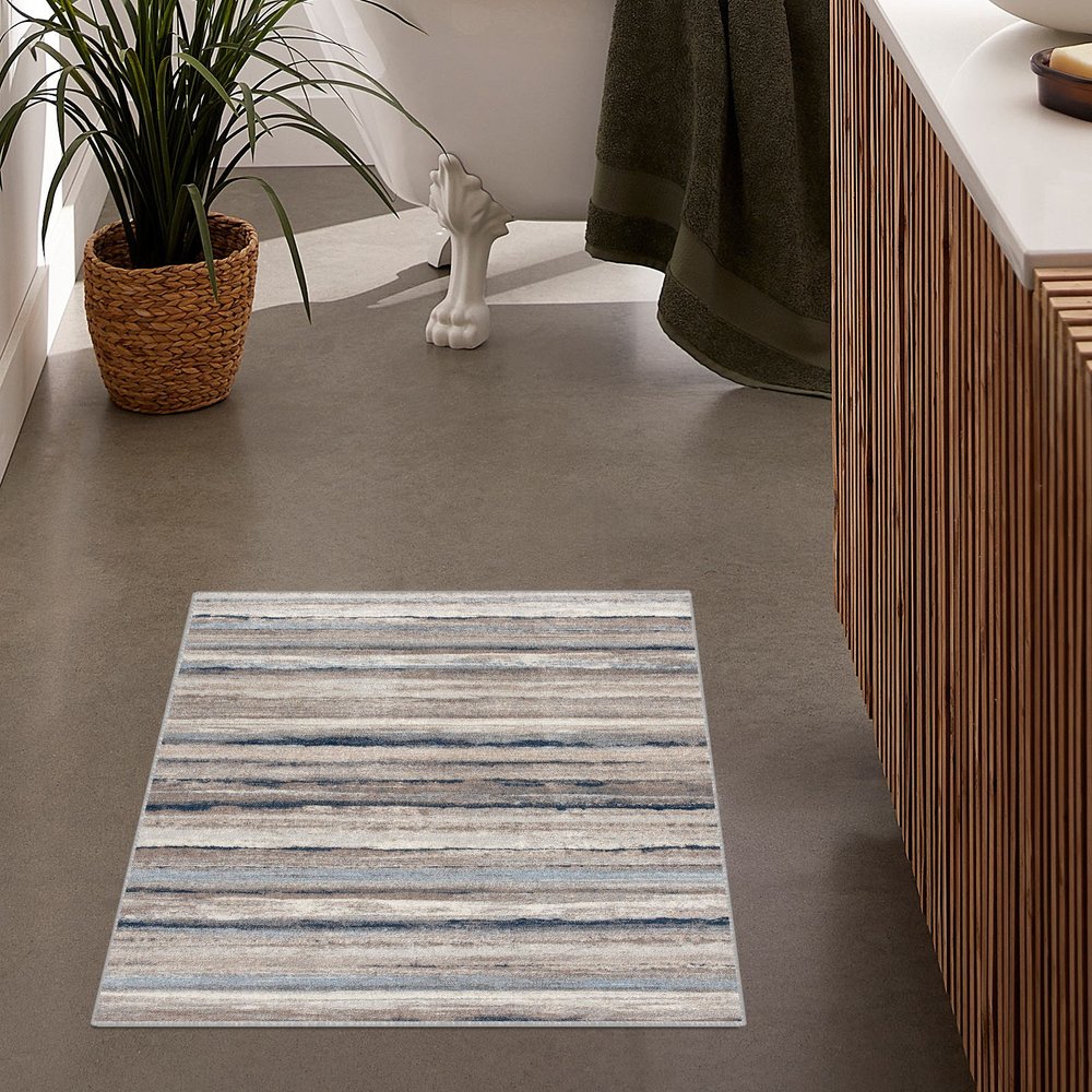 8' X 11' Blue And Beige Distressed Stripes Area Rug