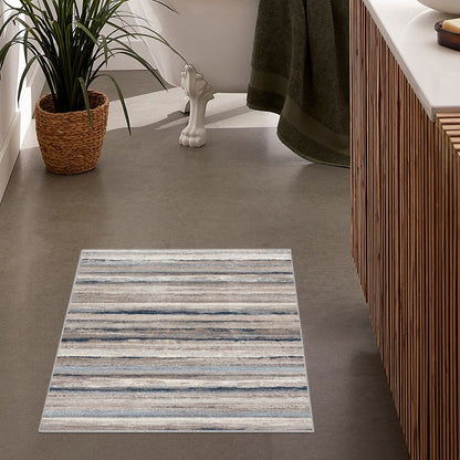 5' X 8' Blue And Beige Distressed Stripes Area Rug