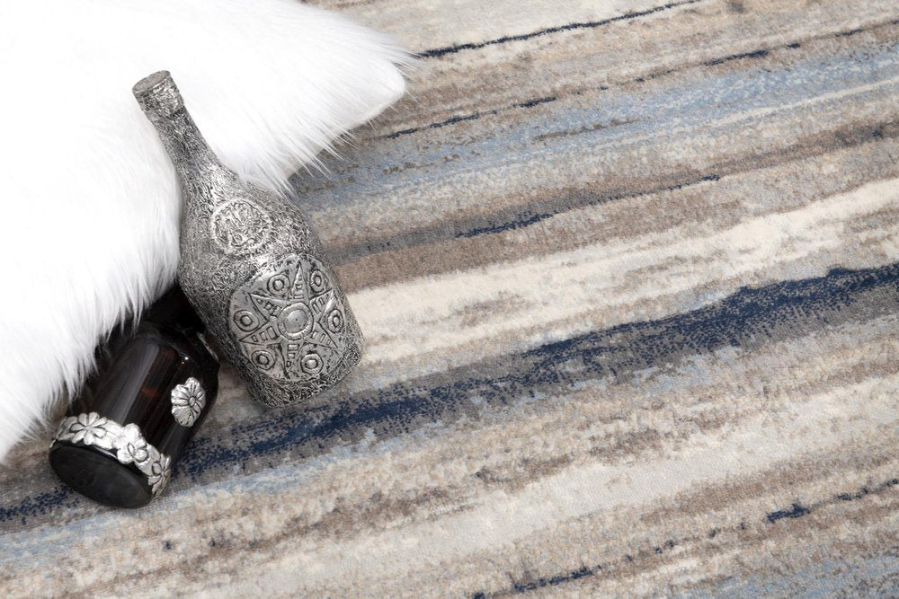 5' X 8' Blue And Beige Distressed Stripes Area Rug