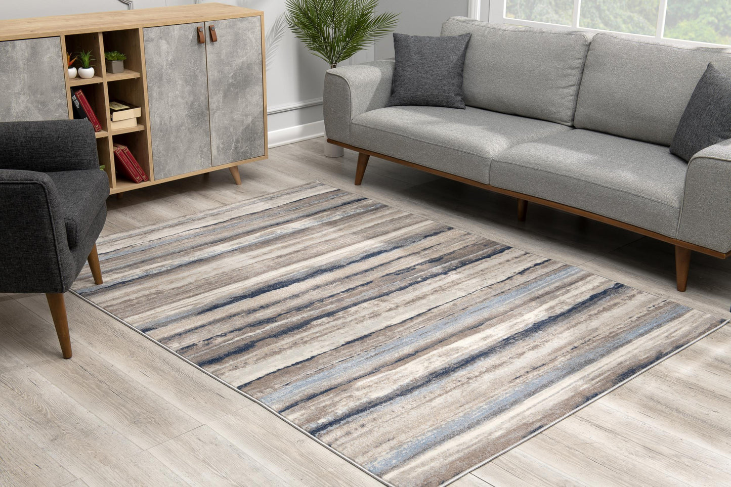 2' X 3' Blue And Beige Distressed Stripes Scatter Rug