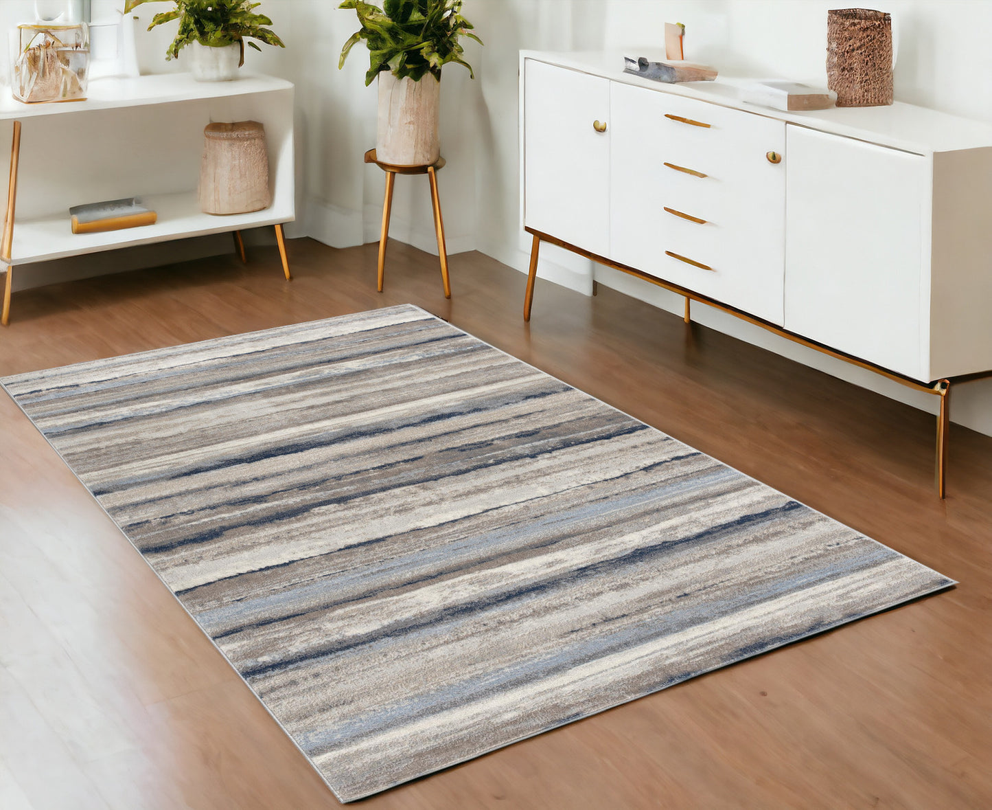 2' X 3' Blue And Beige Distressed Stripes Scatter Rug