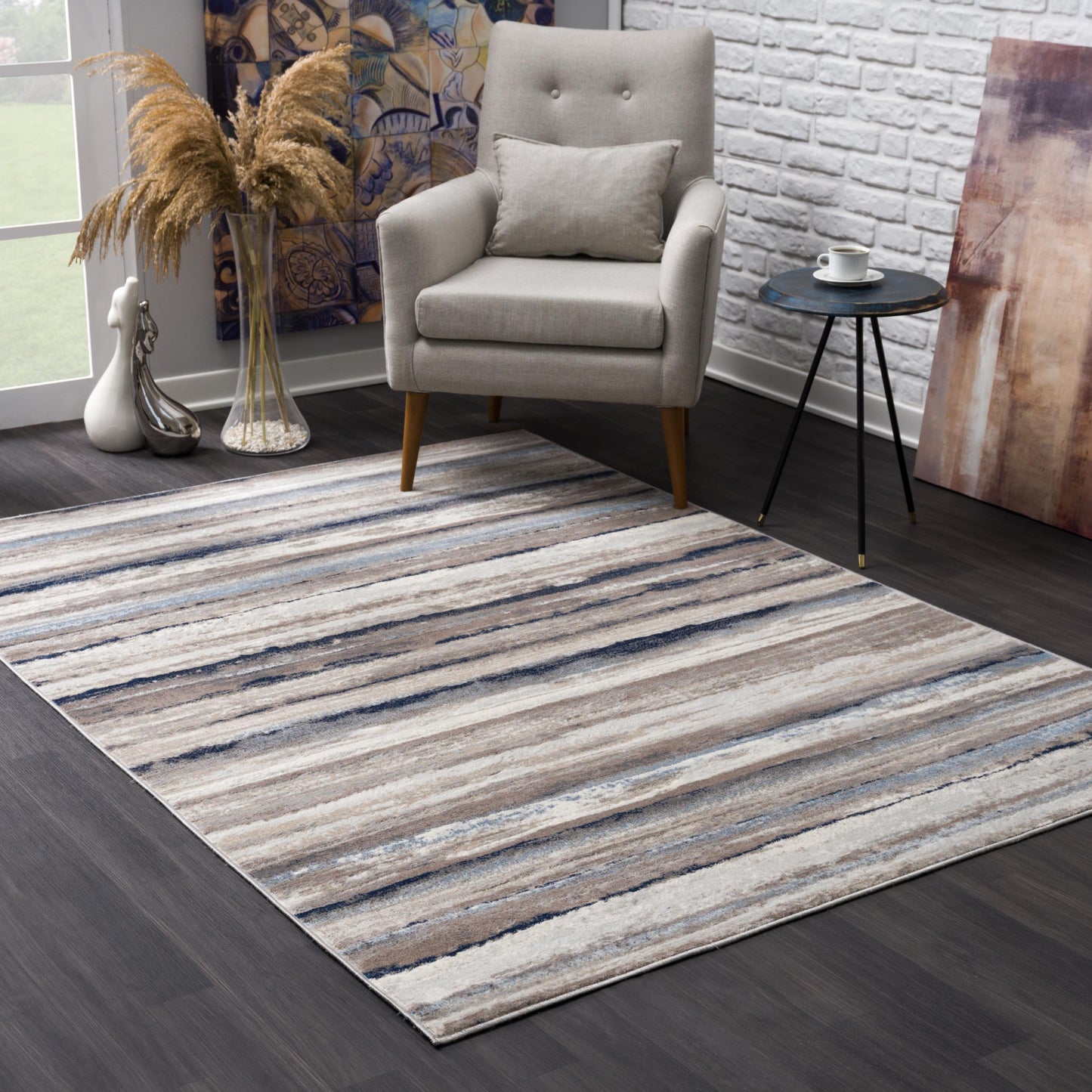 2' X 3' Blue And Beige Distressed Stripes Scatter Rug