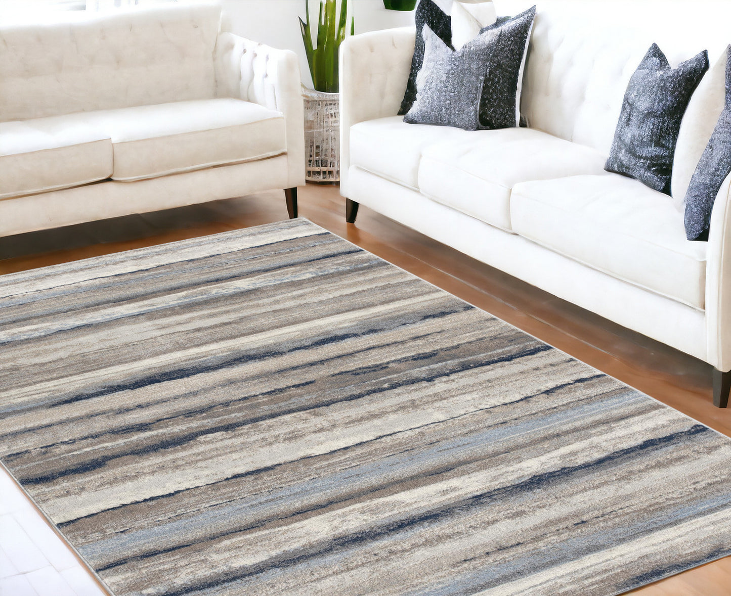 2' X 3' Blue And Beige Distressed Stripes Scatter Rug