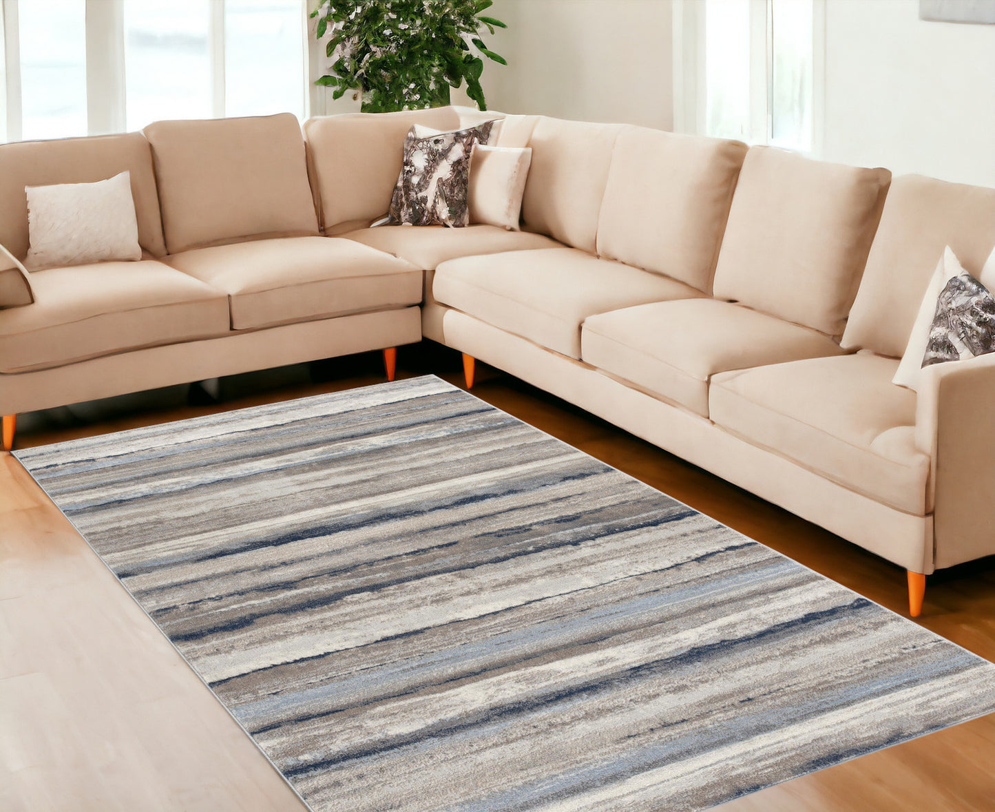 2' X 3' Blue And Beige Distressed Stripes Scatter Rug