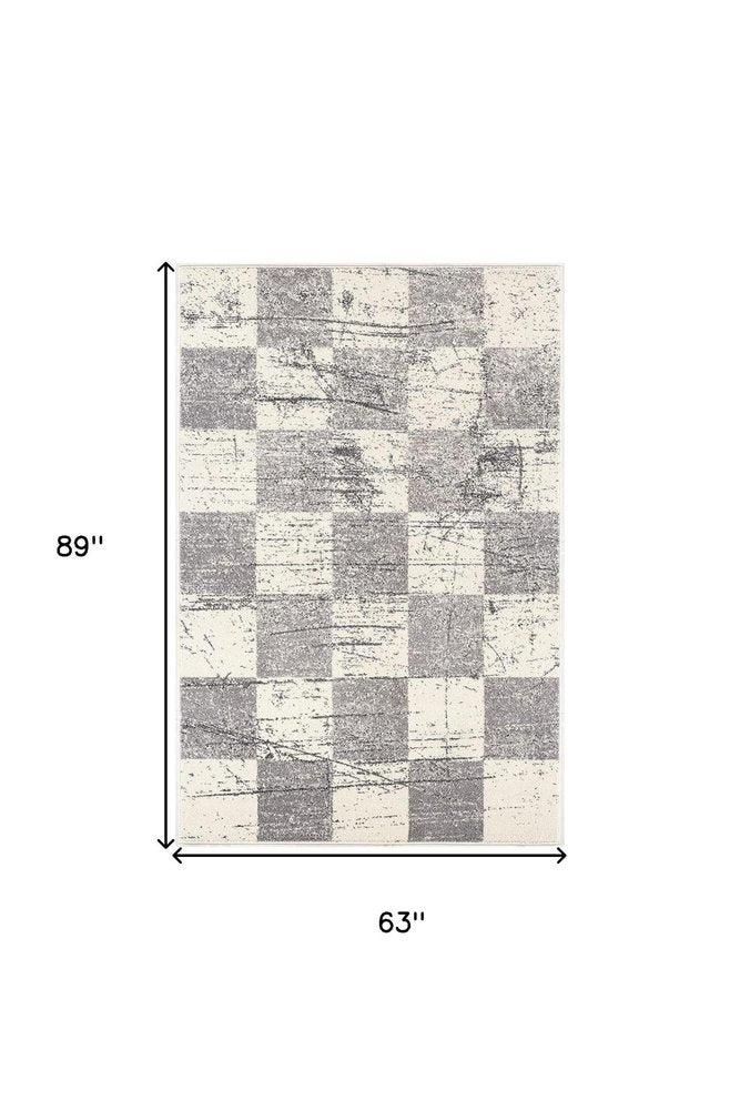 5' X 8' White And Gray Checkered Area Rug