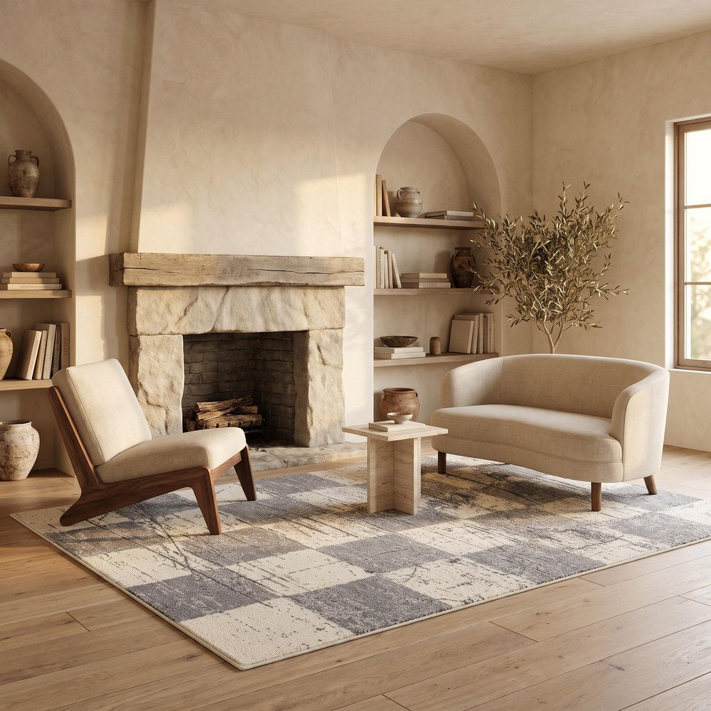 5' X 8' White And Gray Checkered Area Rug
