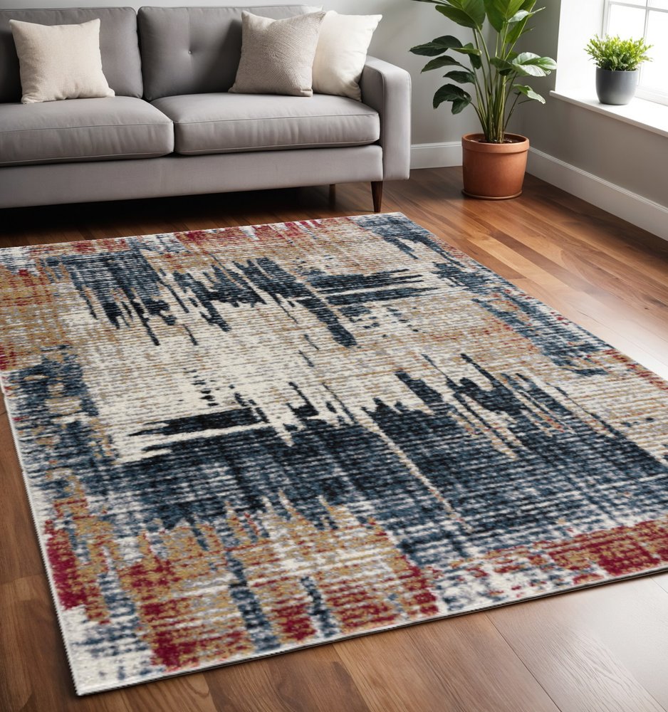 8' X 11' Blue And Ivory Abstract Area Rug