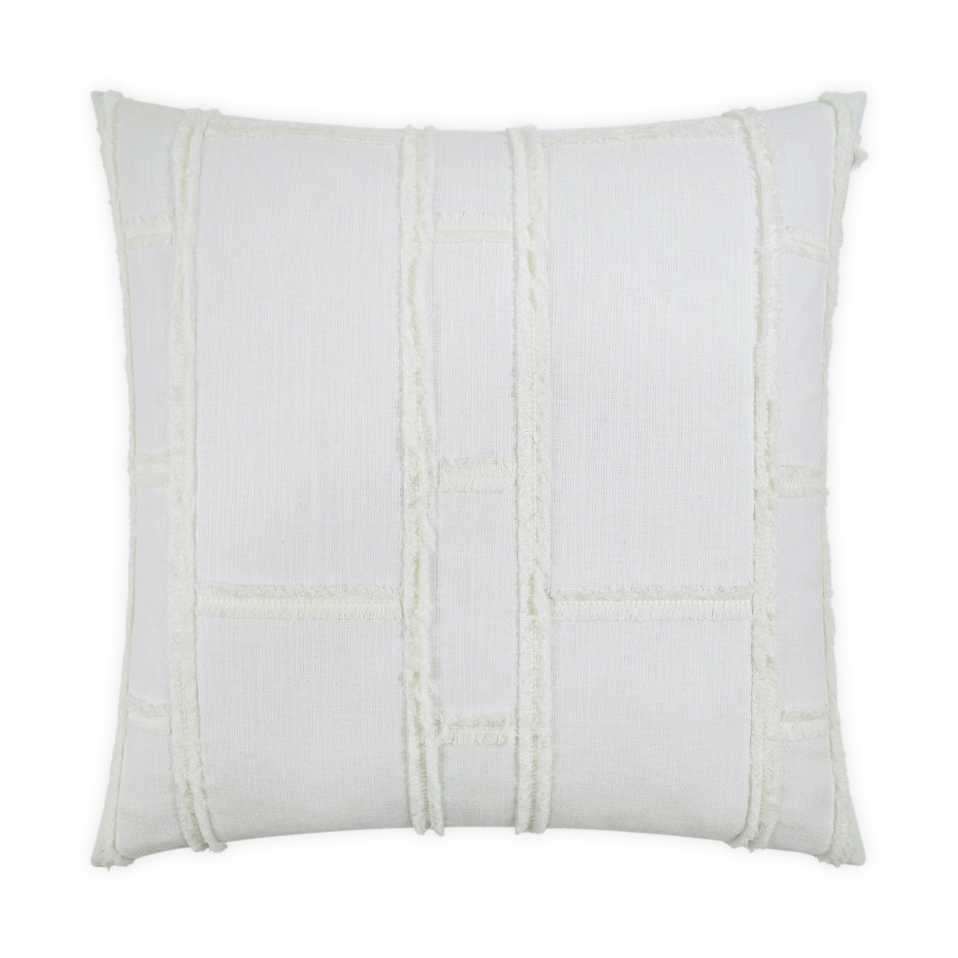 White decorative throw pillow with cream fringe grid pattern and textured woven panels, 24 x 24 inches.