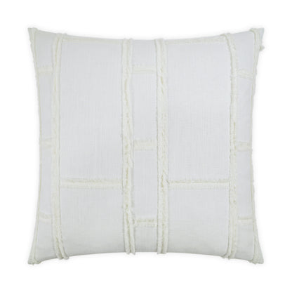 White decorative throw pillow with cream fringe grid pattern and textured woven panels, 24 x 24 inches.