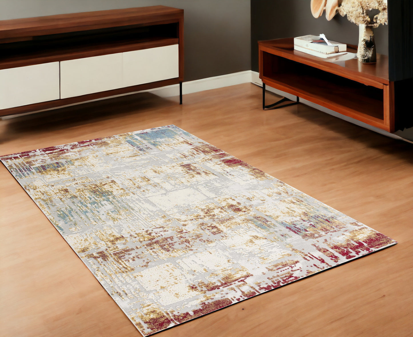 4' X 6' Abstract Beige And Gold Modern Area Rug