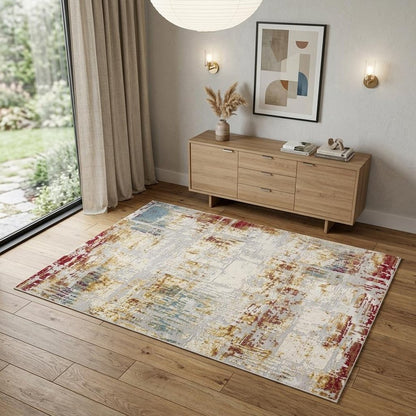 7' X 10' Abstract Beige And Gold Modern Area Rug