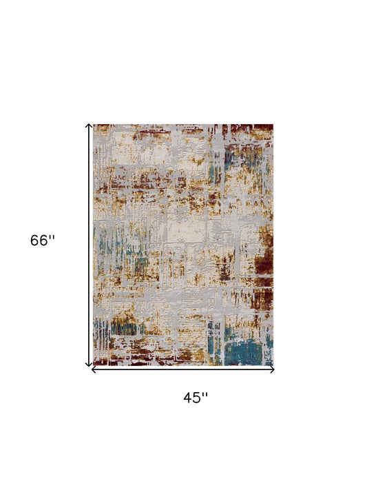 4’ X 6’ Abstract Beige And Gold Modern Area Rug