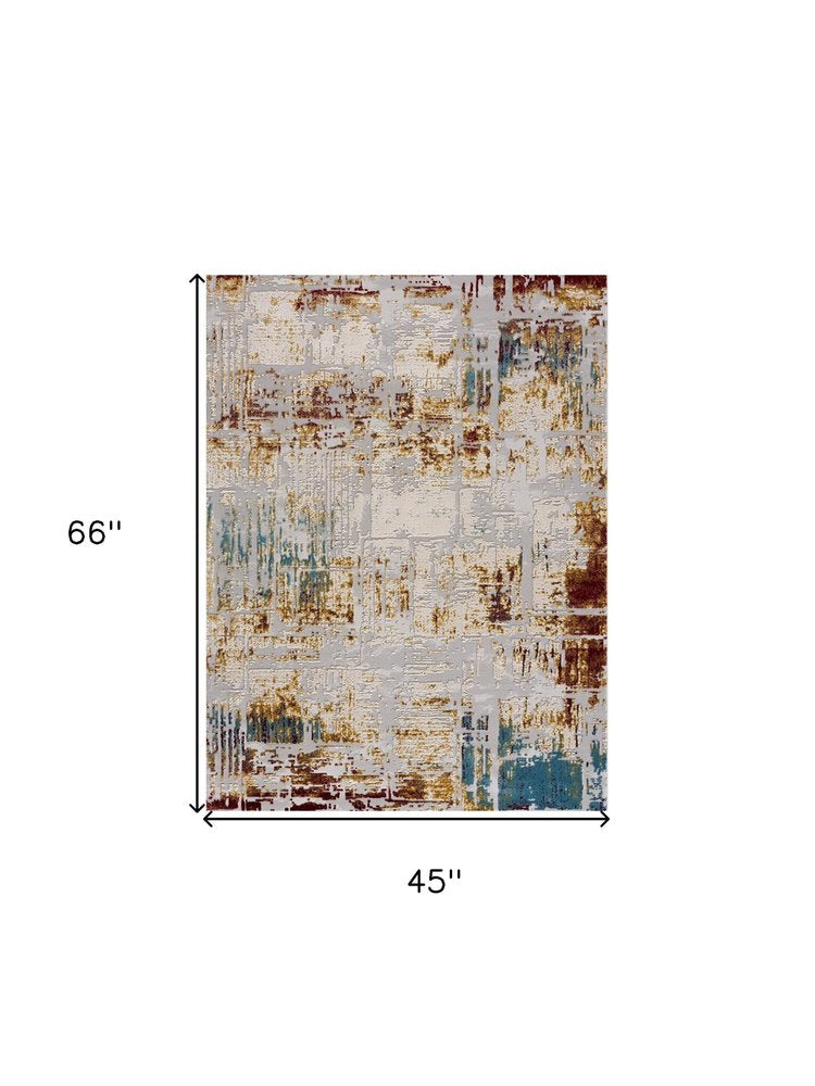 7' X 10' Abstract Beige And Gold Modern Area Rug