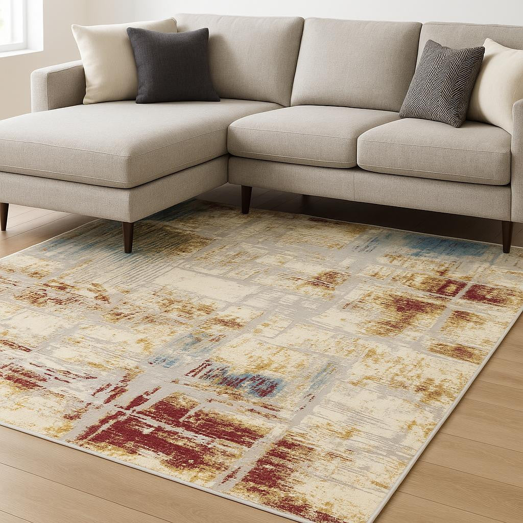 7' X 10' Abstract Beige And Gold Modern Area Rug
