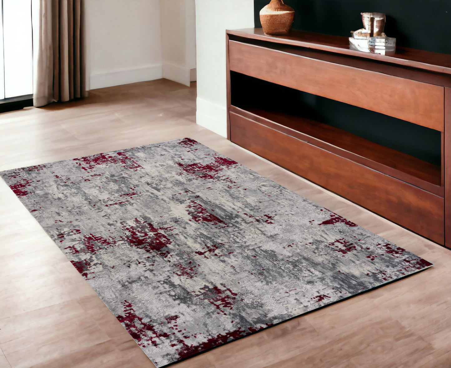 3' X 5' Red Abstract Dhurrie Area Rug