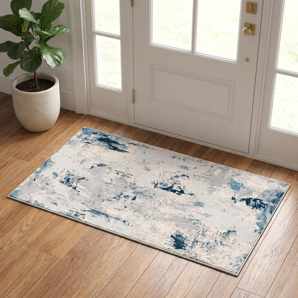 3' X 5' Blue And Ivory Abstract Strokes Area Rug