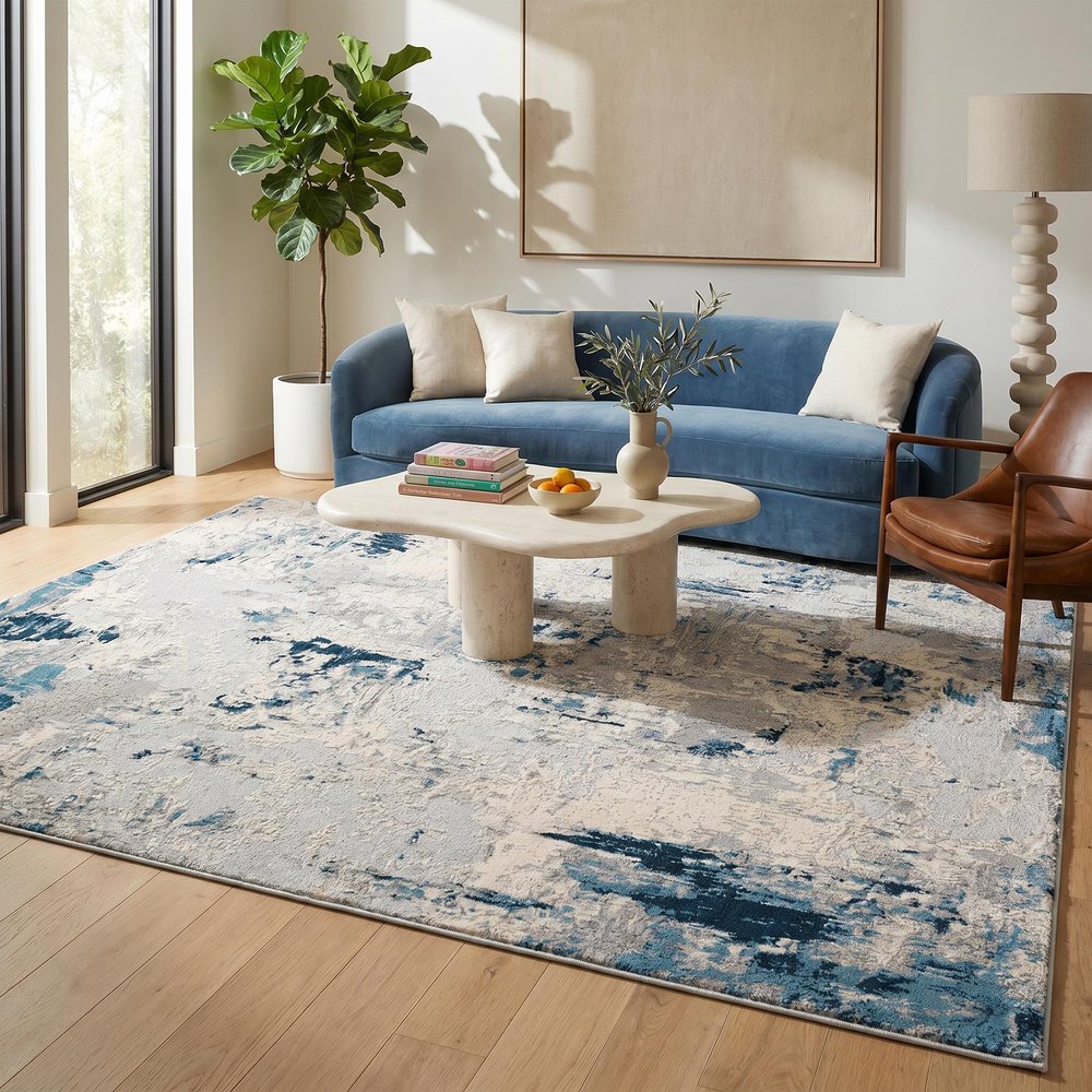 5' X 8' Blue And Ivory Abstract Strokes Area Rug