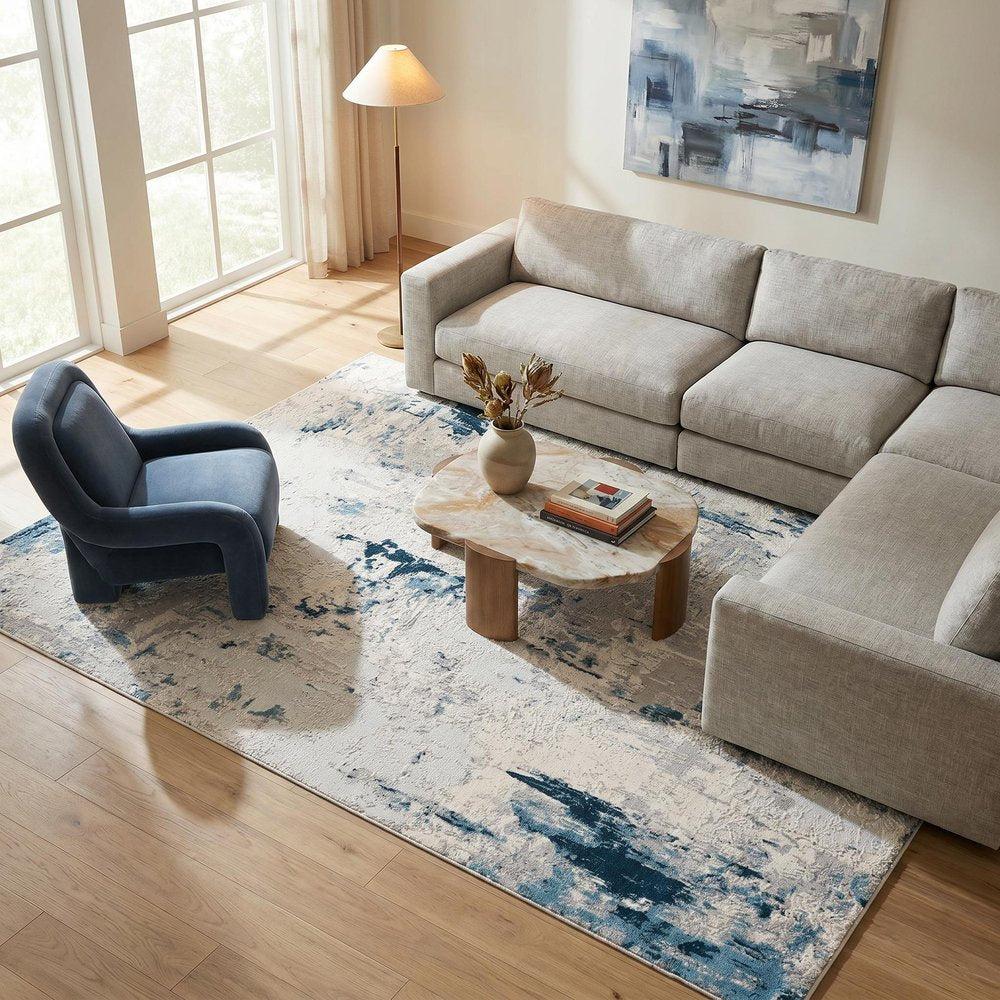 5' X 8' Blue And Ivory Abstract Strokes Area Rug