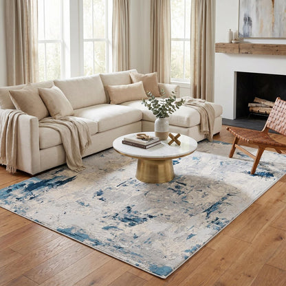 5' X 8' Blue And Ivory Abstract Strokes Area Rug