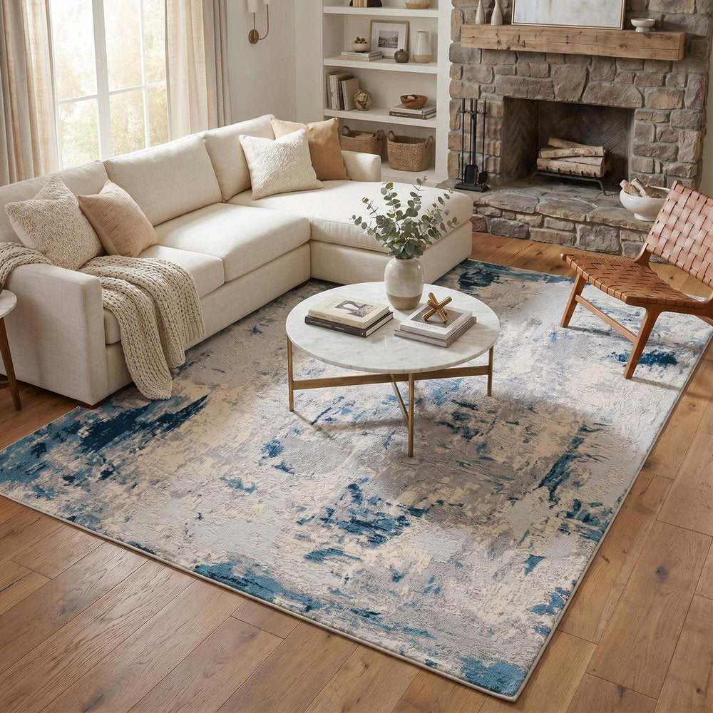 5' X 8' Blue And Ivory Abstract Strokes Area Rug