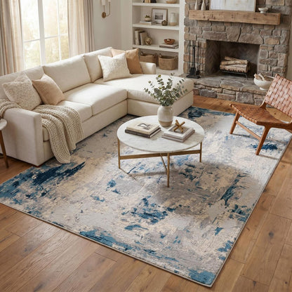 5' X 8' Blue And Ivory Abstract Strokes Area Rug