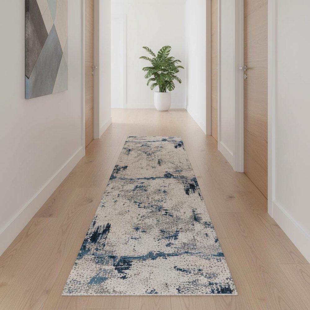 10' Blue Abstract Dhurrie Runner Rug