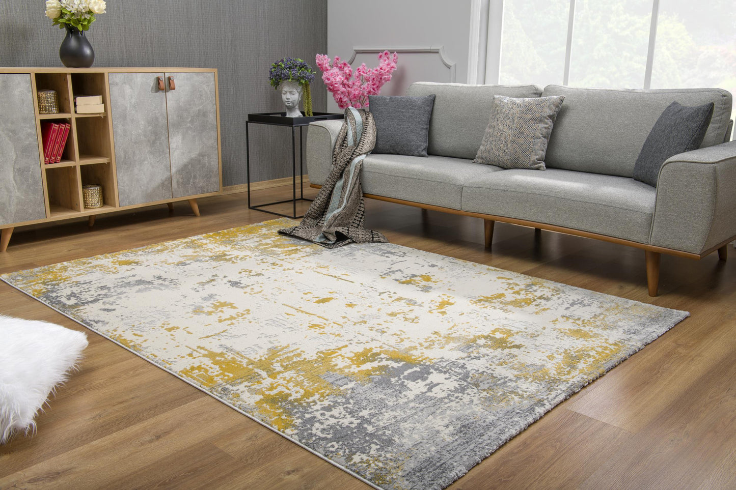 9' X 13' Gold and Gray Abstract Area Rug