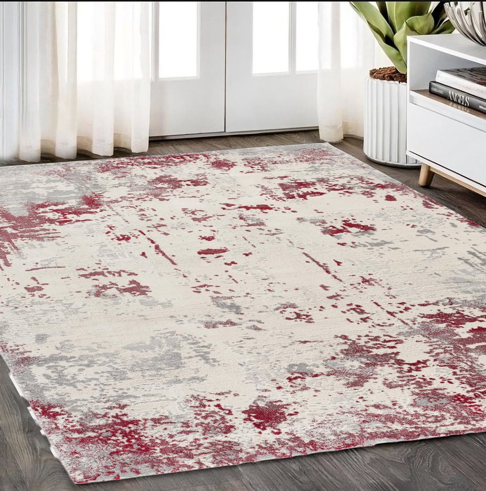 6' X 9' Ivory Red and Gray Abstract Area Rug