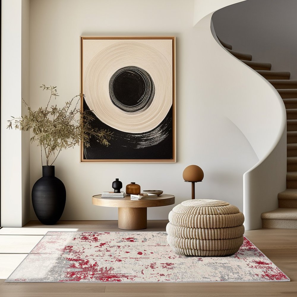 6' X 9' Ivory Red and Gray Abstract Area Rug