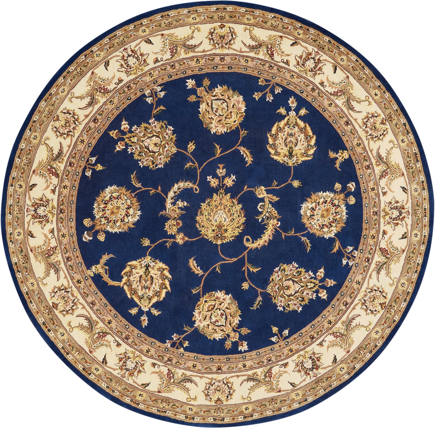 Round Persian-style rug: navy center with gold floral vines, ornate beige border.