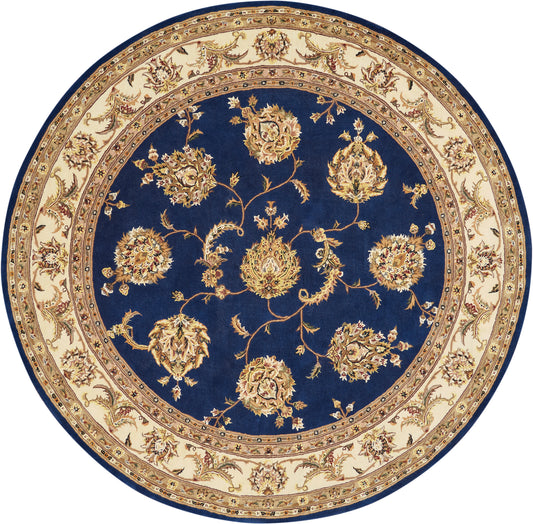 Round Persian-style rug: navy center with gold floral vines, ornate beige border.