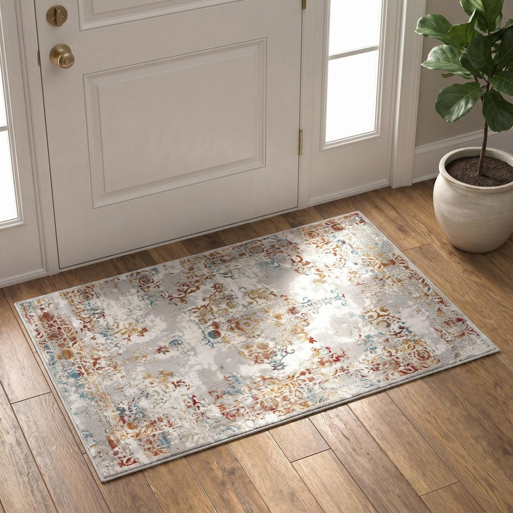 3' X 5' Gray And Beige Distressed Ornate Area Rug