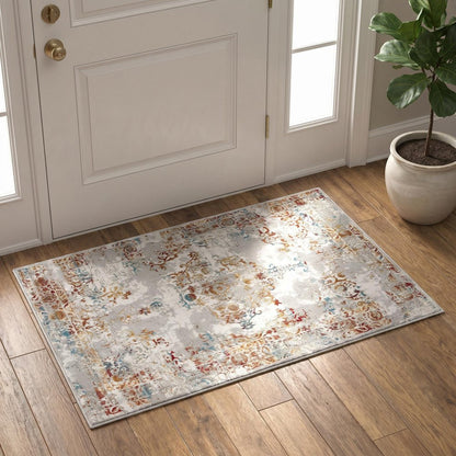 3' X 5' Gray And Beige Distressed Ornate Area Rug