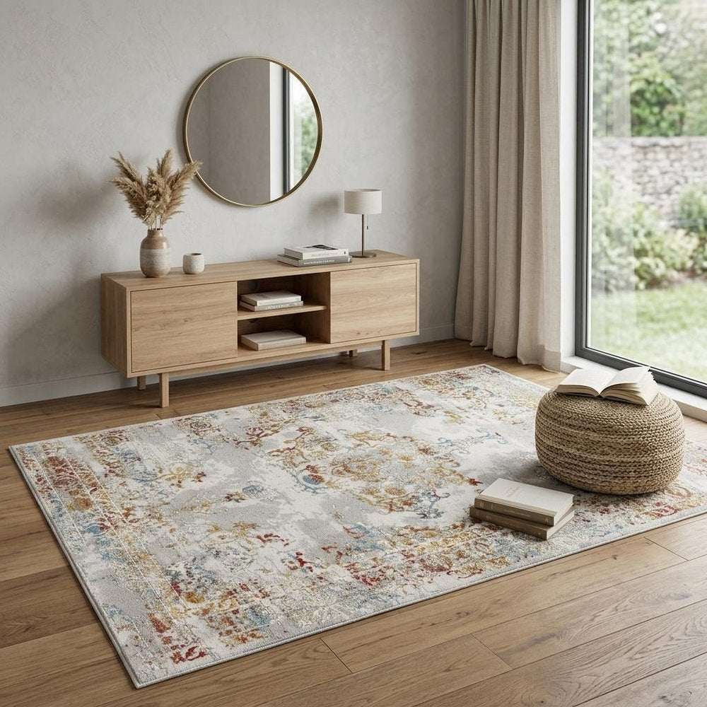 3' X 5' Gray And Beige Distressed Ornate Area Rug