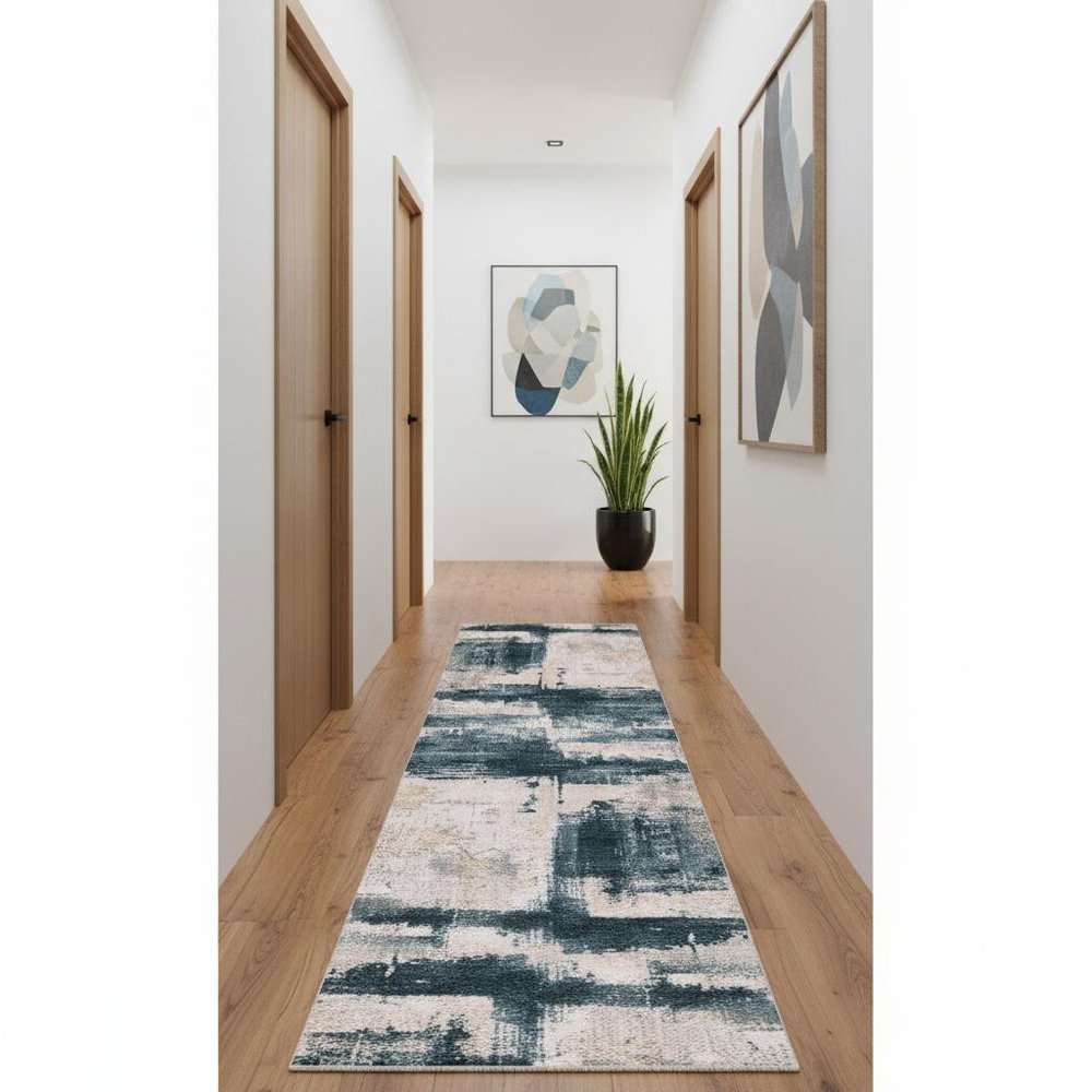 8' Blue And Ivory Abstract Dhurrie Runner Rug