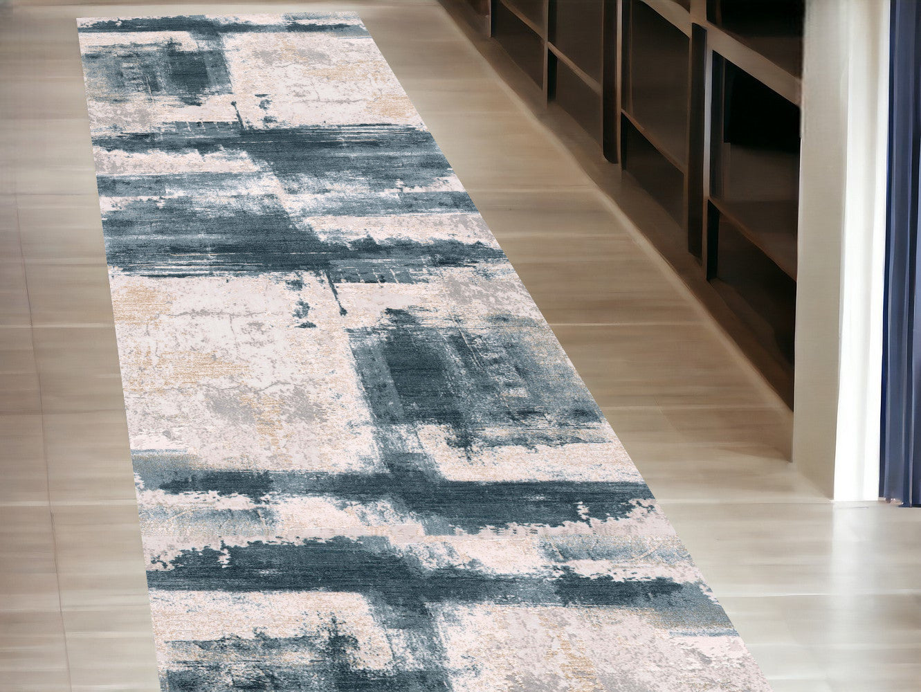 10' Blue And Ivory Abstract Dhurrie Runner Rug