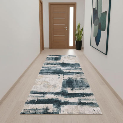 6' X 9' Blue And Ivory Abstract Dhurrie Area Rug