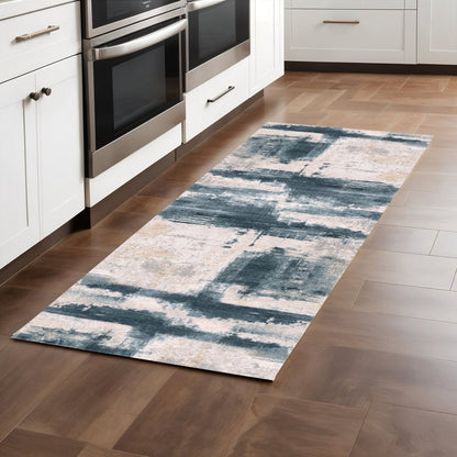 6' X 9' Blue And Ivory Abstract Dhurrie Area Rug