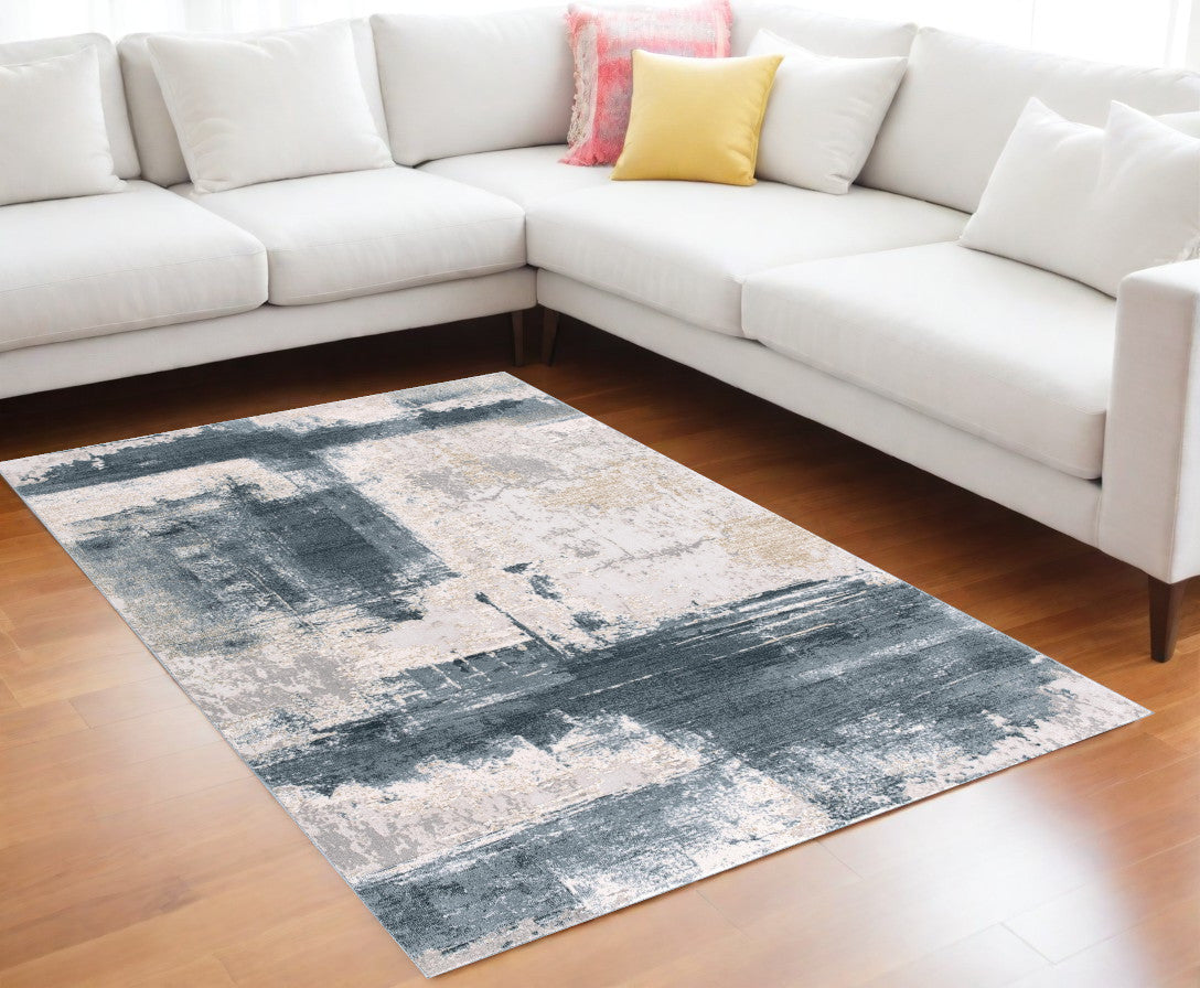 8' Blue And Ivory Abstract Dhurrie Runner Rug
