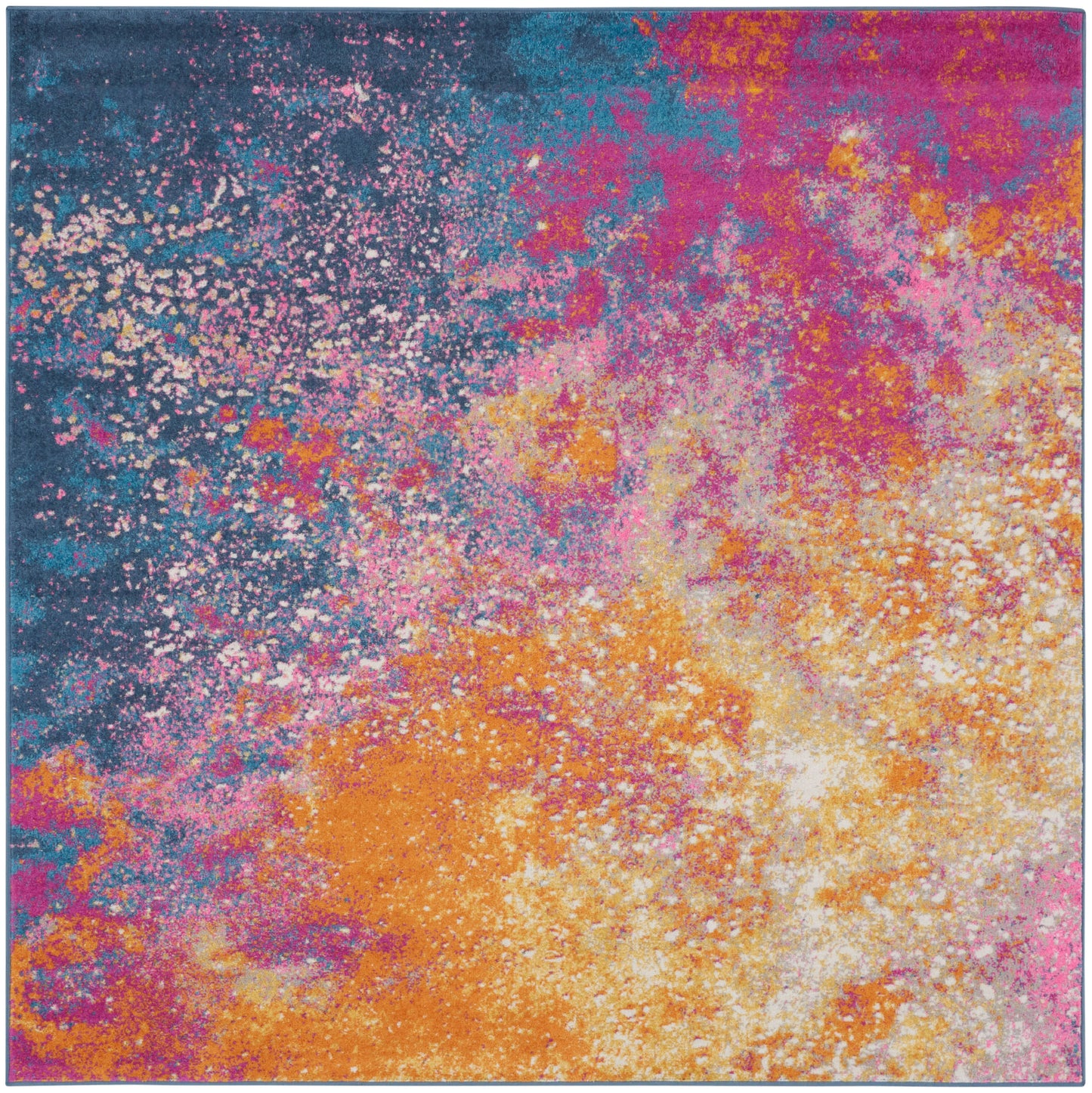 Square abstract area rug with vibrant powder-splatter pattern in teal, pink, orange, yellow & white.