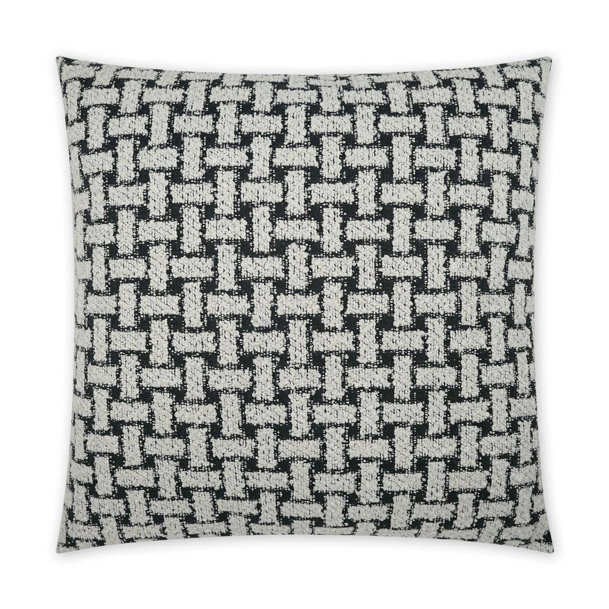 Square throw pillow in black and white woven basket-weave pattern for traditional decor.