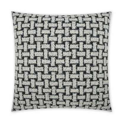 Square throw pillow in black and white woven basket-weave pattern for traditional decor.