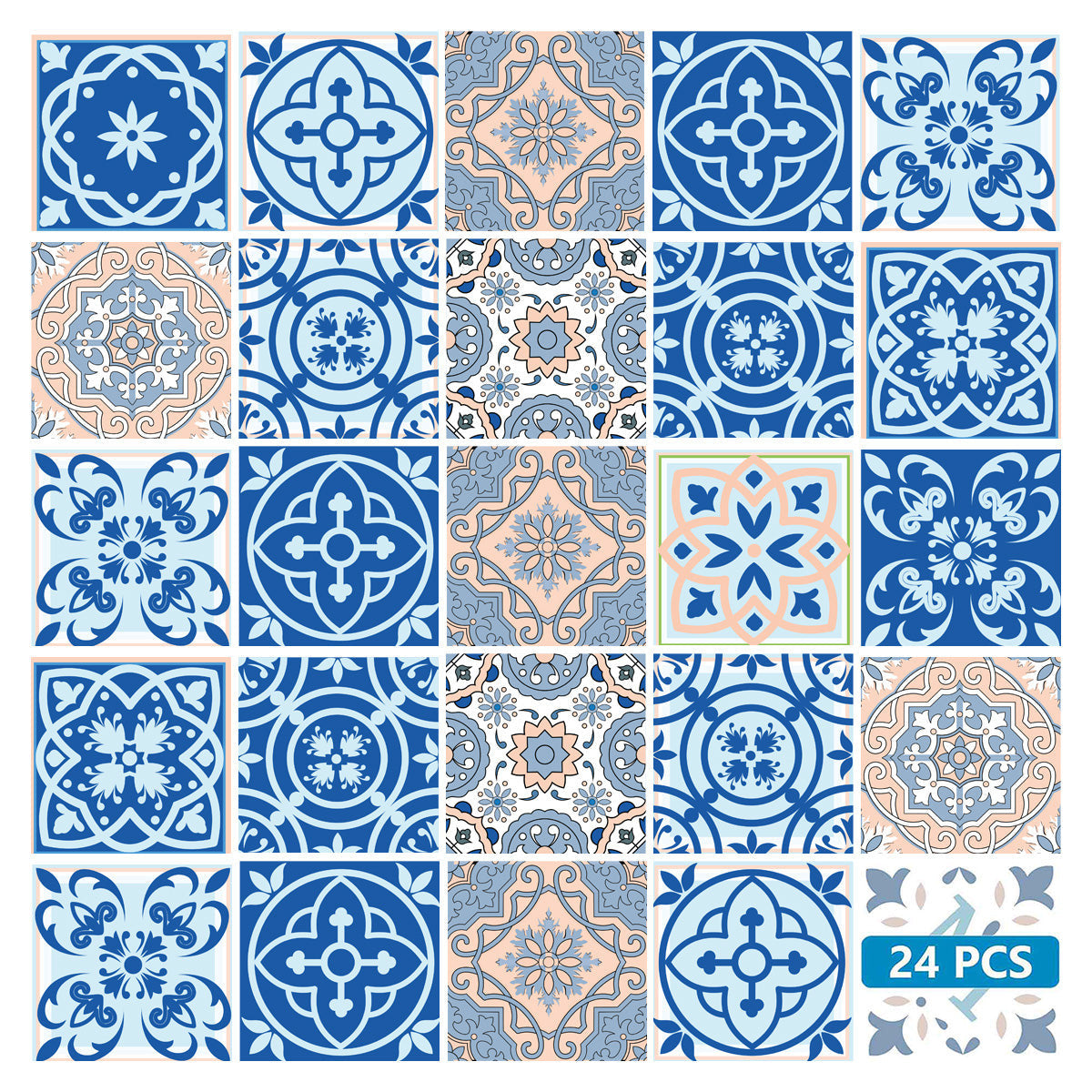 4" X 4" Dark And Light Blue Mosaic Peel And Stick Removable Tiles