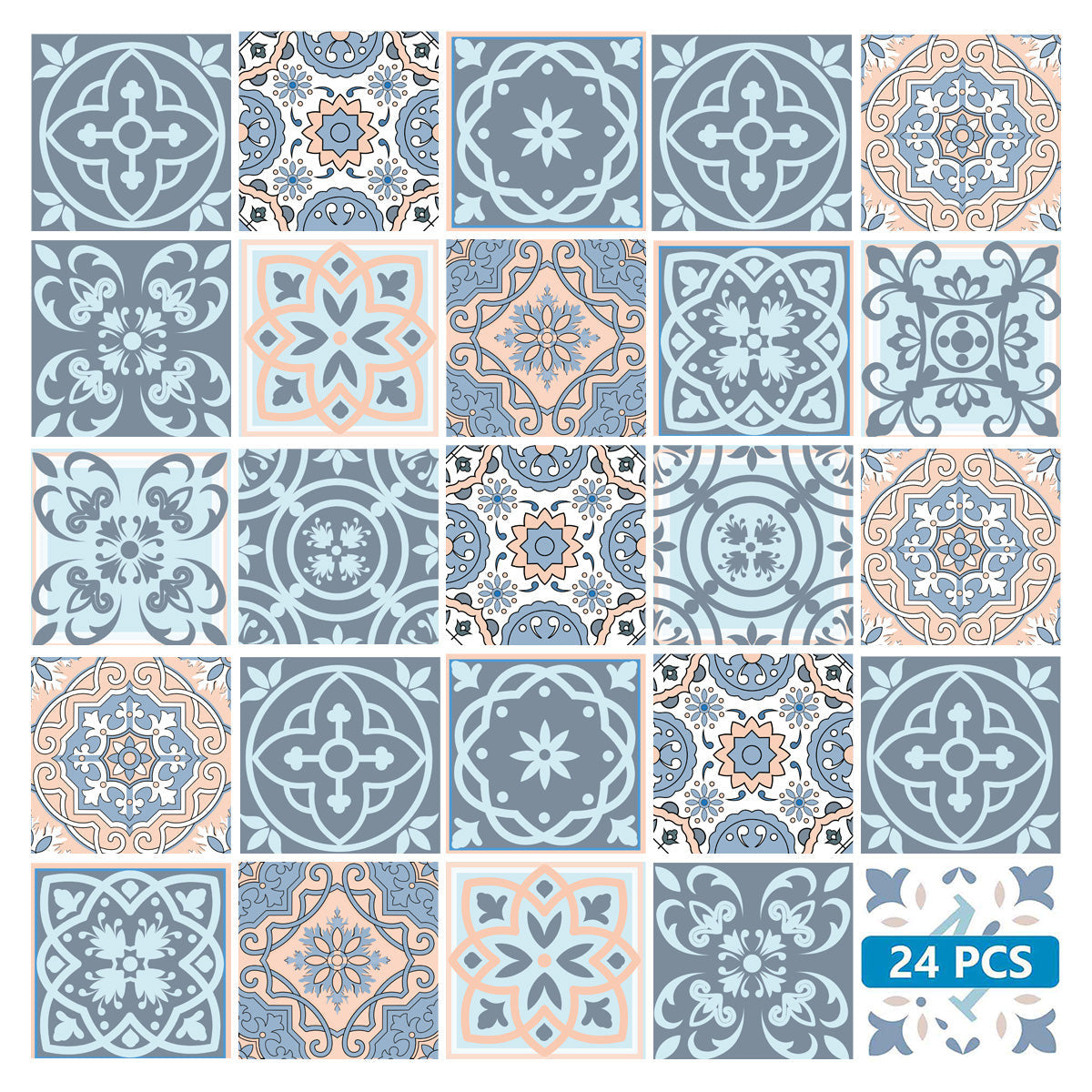 4" X 4" Baby Blue And Peach Mosaic Peel And Stick Removable Tiles