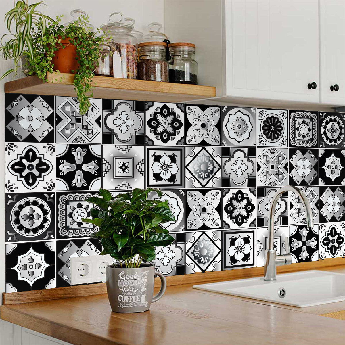 4" X 4" Black White And Gray Mosaic Peel And Stick Removable Tiles