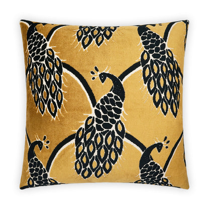 Mustard-yellow square pillow featuring bold black peacock and leaf motif.