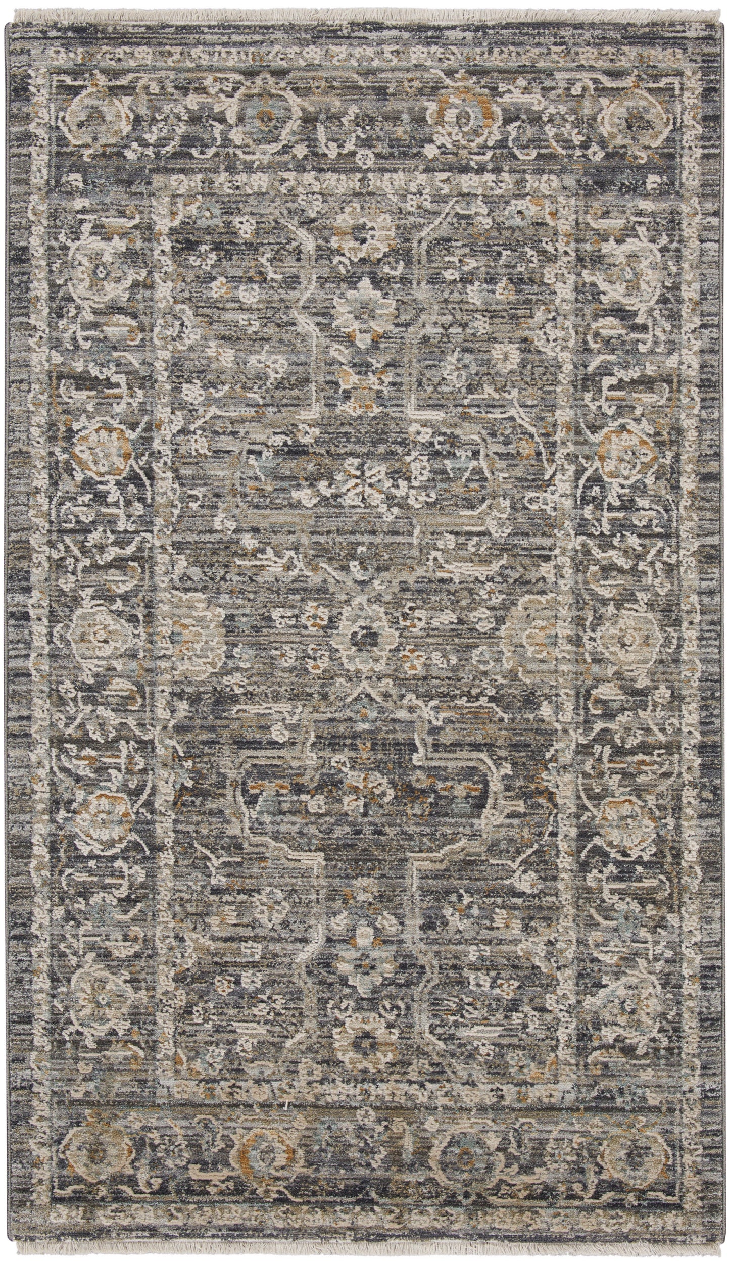 Distressed gray-blue area rug with ivory floral border and medallion pattern, fringe edges, rectangular.