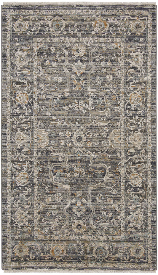 Distressed gray-blue area rug with ivory floral border and medallion pattern, fringe edges, rectangular.
